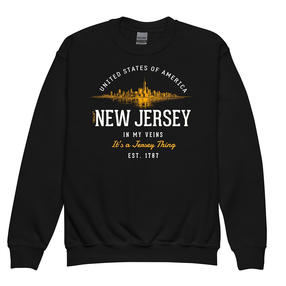 Retro New Jersey youth crewneck sweatshirt with vintage-style state design in soft fleece blend fabric