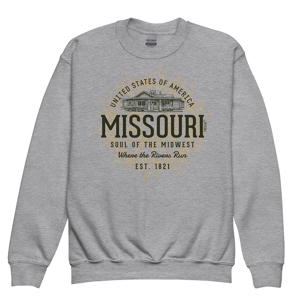 Youth crewneck sweatshirt featuring vintage-style Missouri state design with retro typography and nostalgic graphics