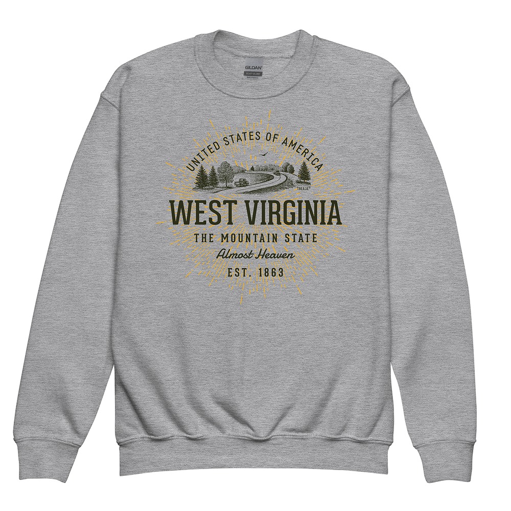 Youth crewneck sweatshirt displaying retro West Virginia state design with vintage-inspired graphics and classic styling