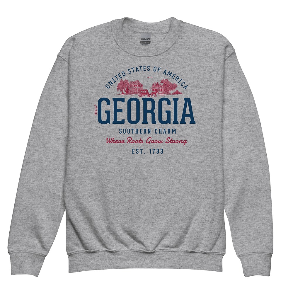 Youth crewneck sweatshirt displaying vintage-style Georgia State graphic in retro colors on soft fleece fabric