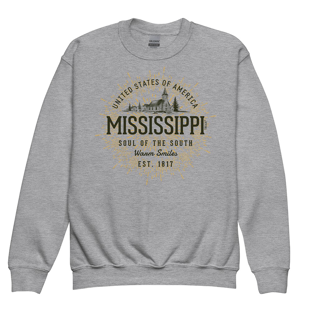 Youth crewneck sweatshirt displaying retro Mississippi state design with vintage typography and classic southern styling