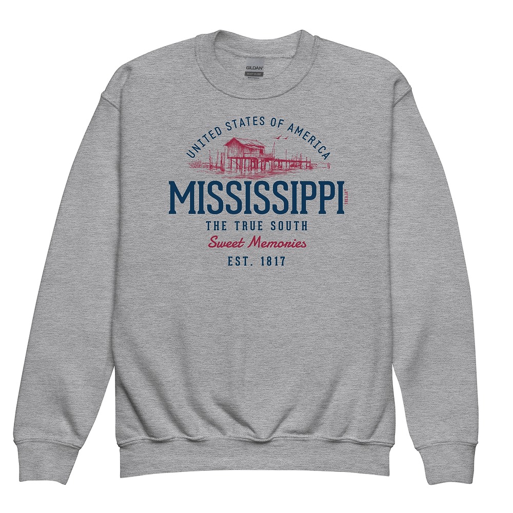 Youth crewneck sweatshirt displaying retro Mississippi State vintage-inspired design with classic typography and state imagery