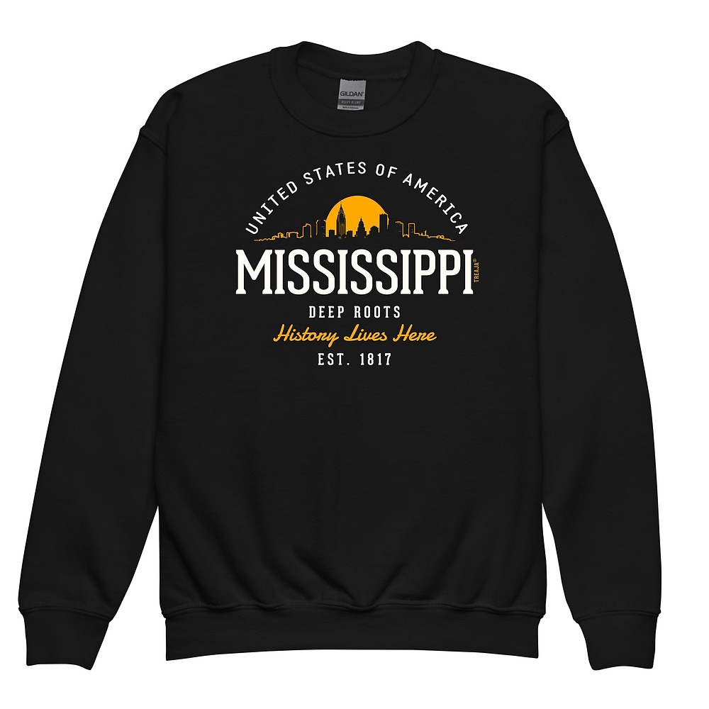 Mississippi youth crewneck sweatshirt with vintage-inspired retro state design in soft fleece material