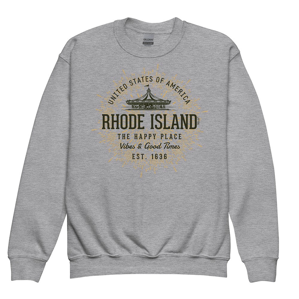 Youth crewneck sweatshirt displaying retro Rhode Island state design in vintage-inspired colors and typography