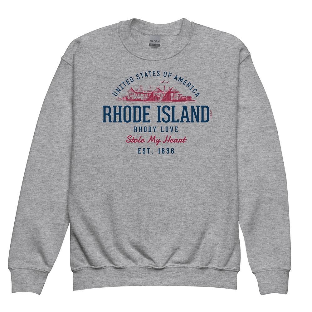 Vintage-style Rhode Island youth crewneck sweatshirt with retro Ocean State design in classic fleece material
