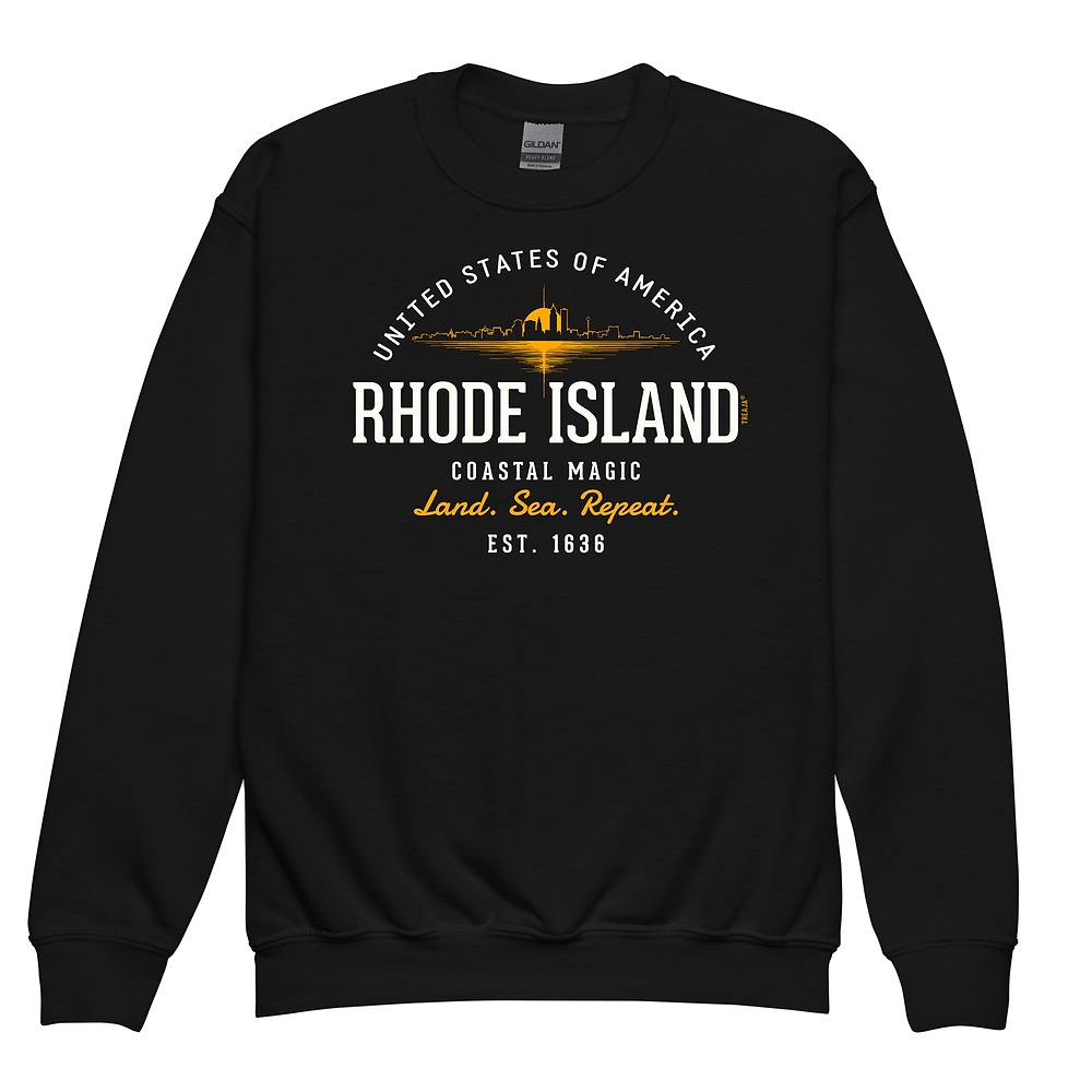 Rhode Island youth crewneck sweatshirt featuring retro vintage-style state design in classic colors