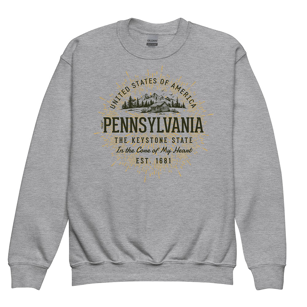 Youth crewneck sweatshirt featuring vintage-style Pennsylvania state design in retro colors