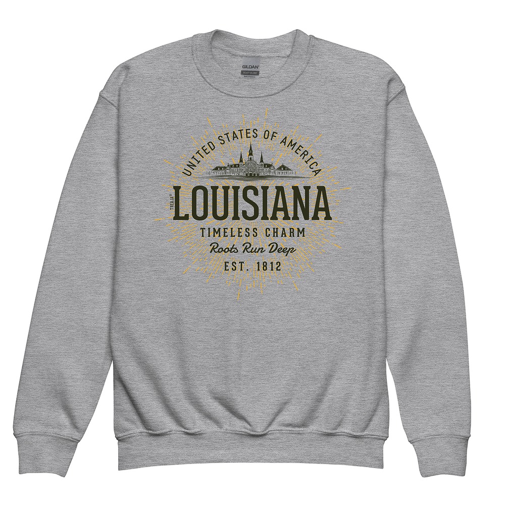 Youth crewneck sweatshirt displaying vintage-style Louisiana state design with retro typography and artistic elements