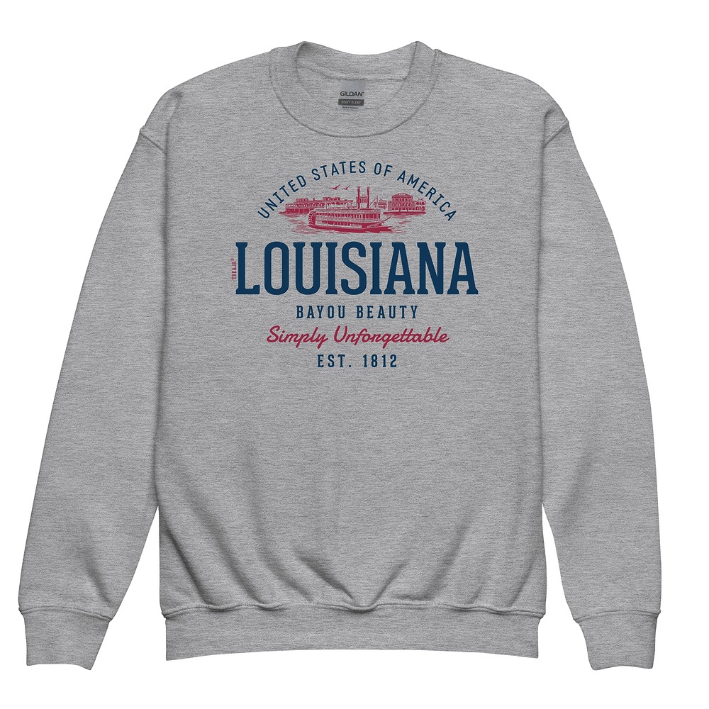 Youth crewneck sweatshirt featuring vintage-inspired Louisiana State graphic design in retro colors