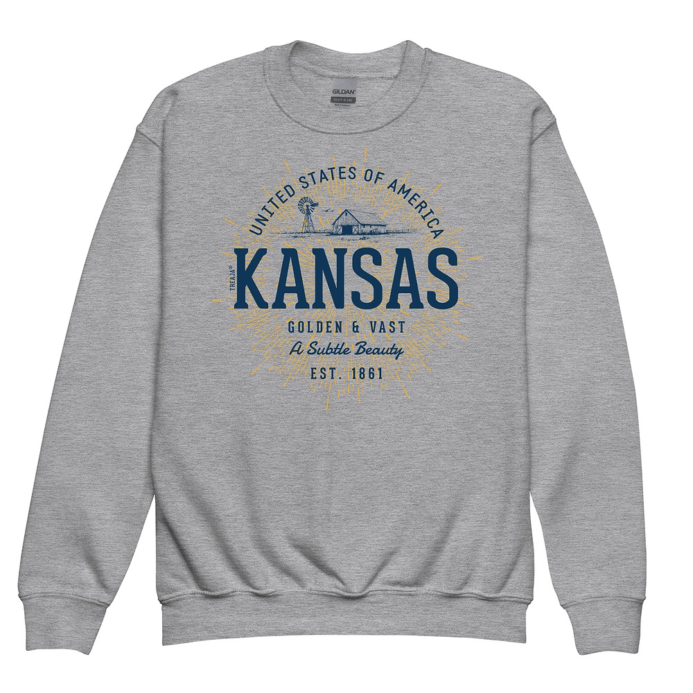 Youth crewneck sweatshirt displaying vintage-inspired Kansas state design with retro typography and classic styling