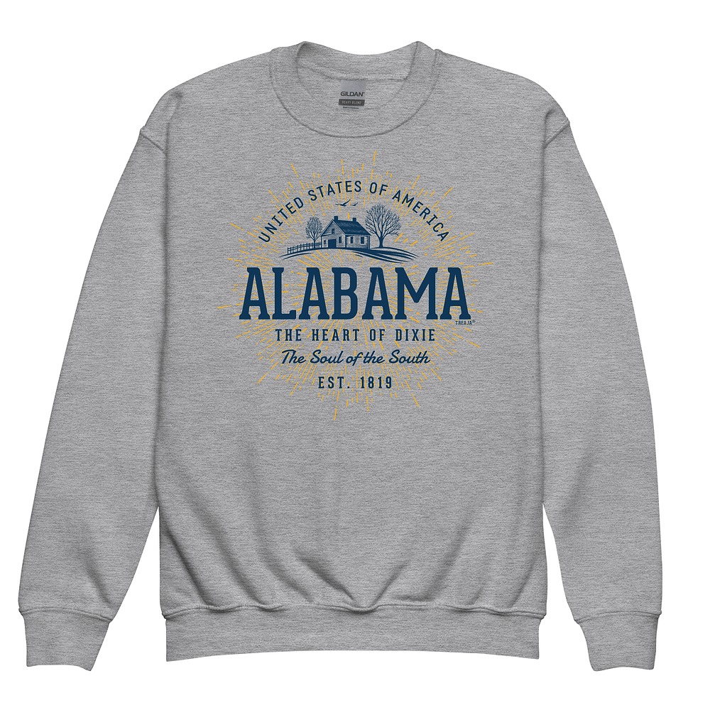 Youth crewneck sweatshirt displaying vintage-inspired Alabama state design in retro styling