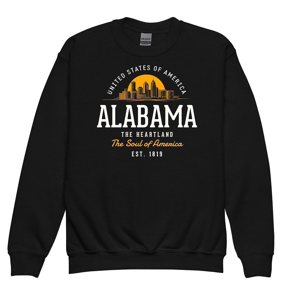 Retro Alabama state design on soft youth crewneck sweatshirt with vintage-inspired graphics
