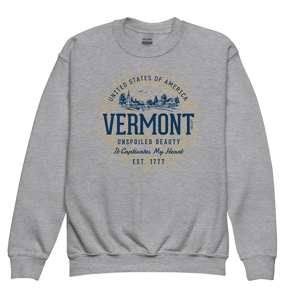 Youth crewneck sweatshirt displaying vintage-inspired Vermont state design with retro typography and mountain graphics