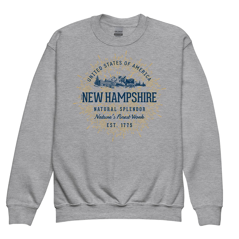 Youth crewneck sweatshirt featuring vintage-inspired New Hampshire state design in retro styling