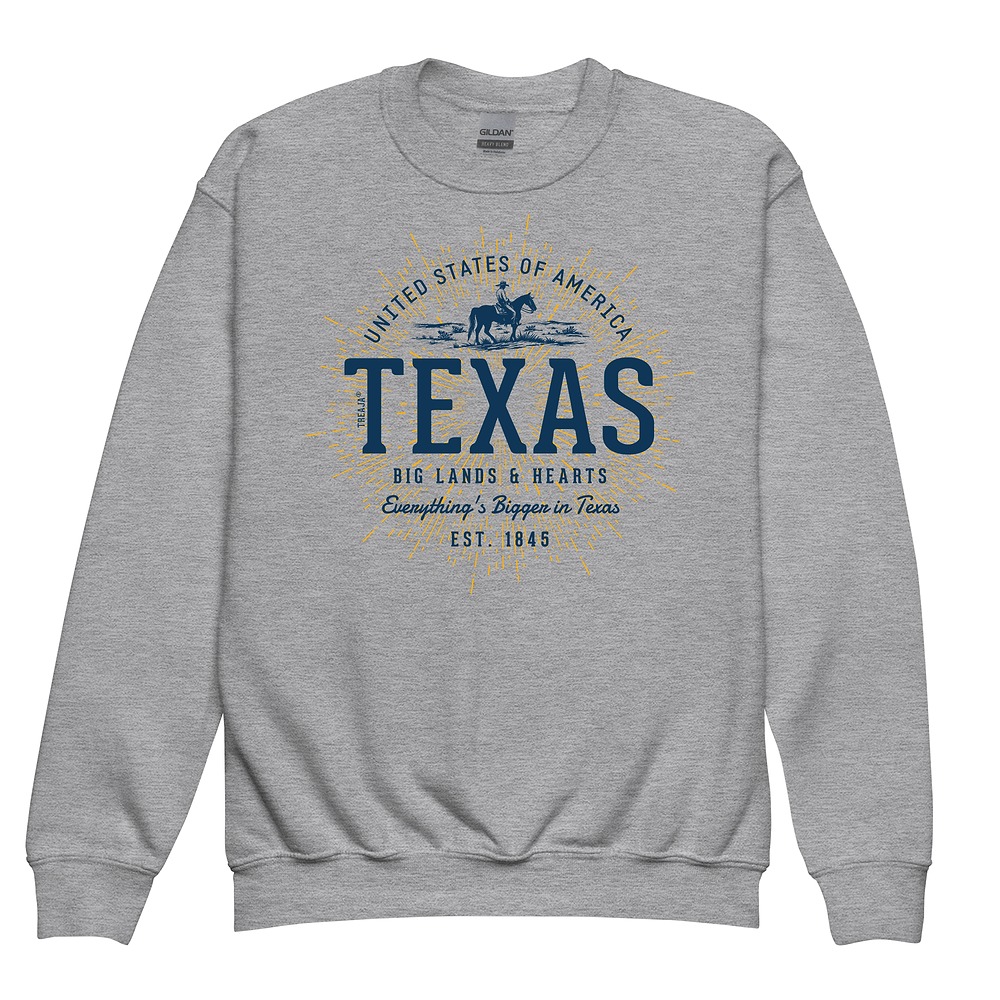 Retro Texas state design on soft fleece youth crewneck sweatshirt with ribbed cuffs