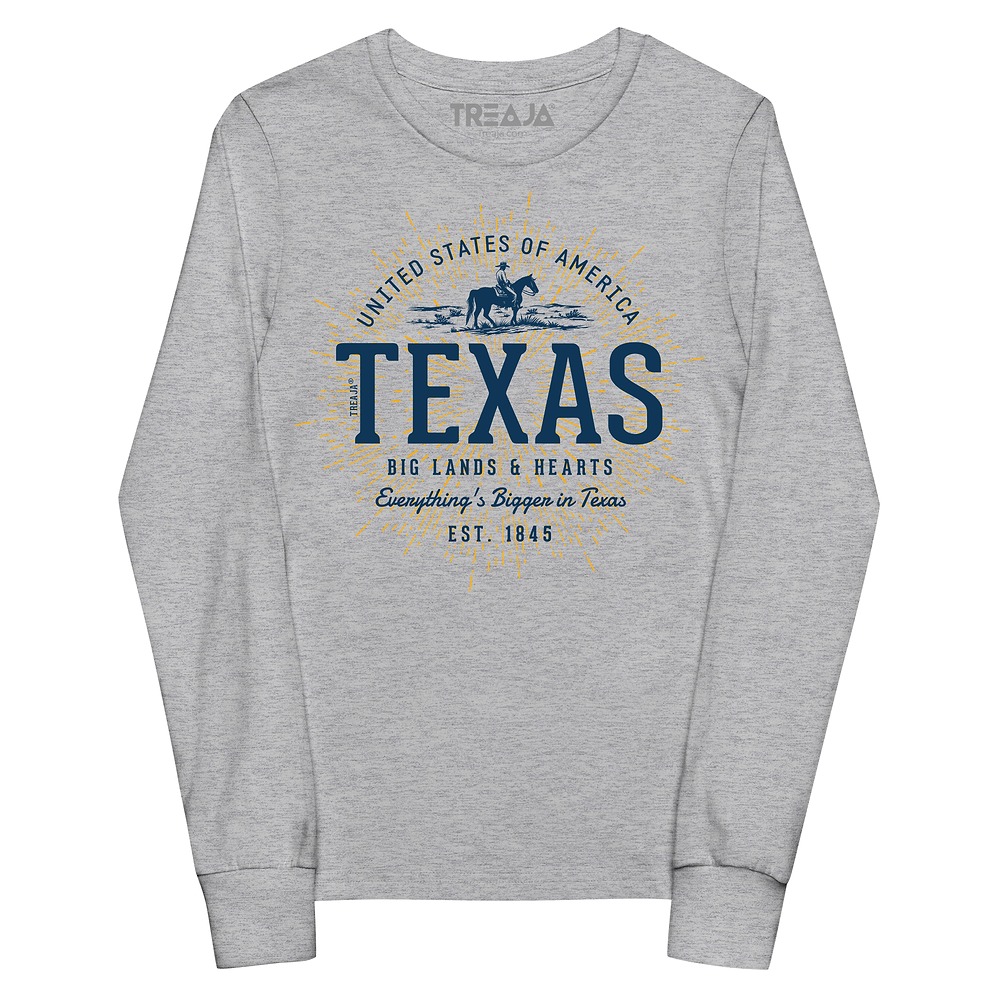 Youth long sleeve shirt displaying vintage-style Texas state design with retro typography and classic southwestern styling