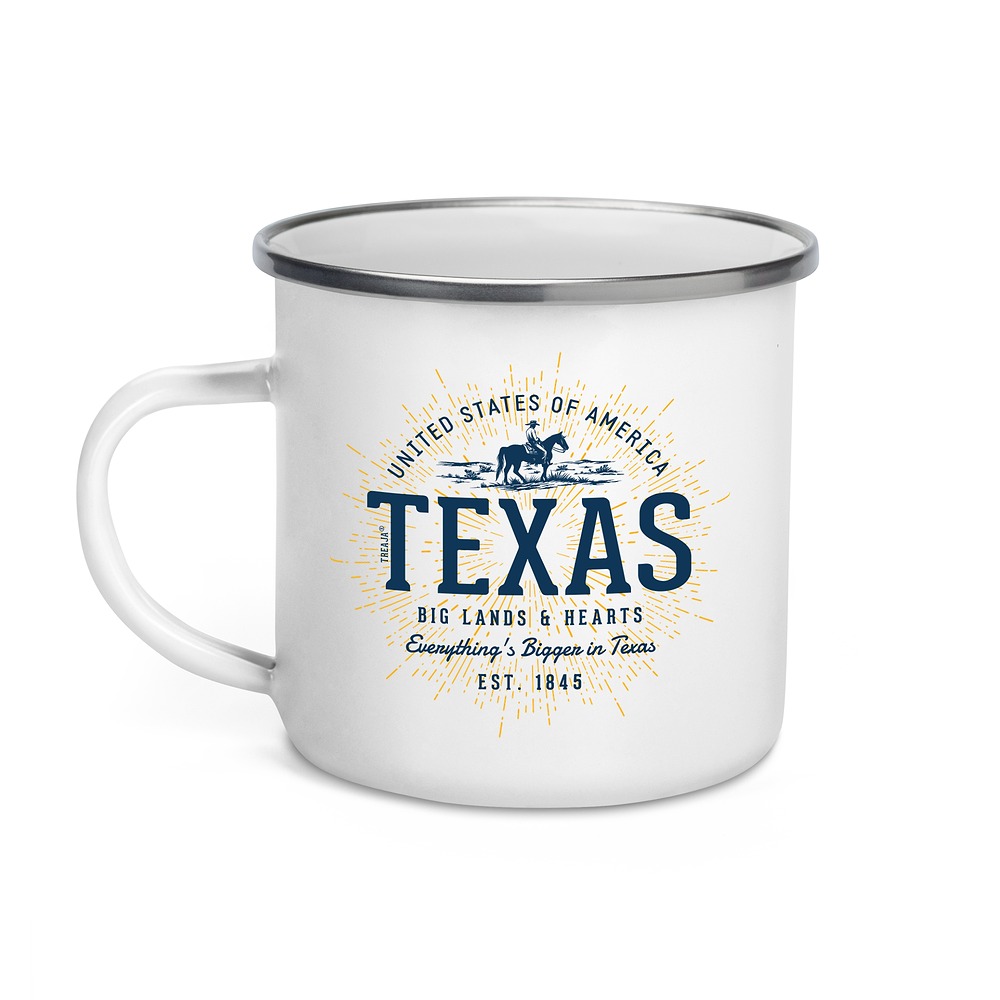 Retro Texas enamel camping mug with vintage Lone Star State design on white background
