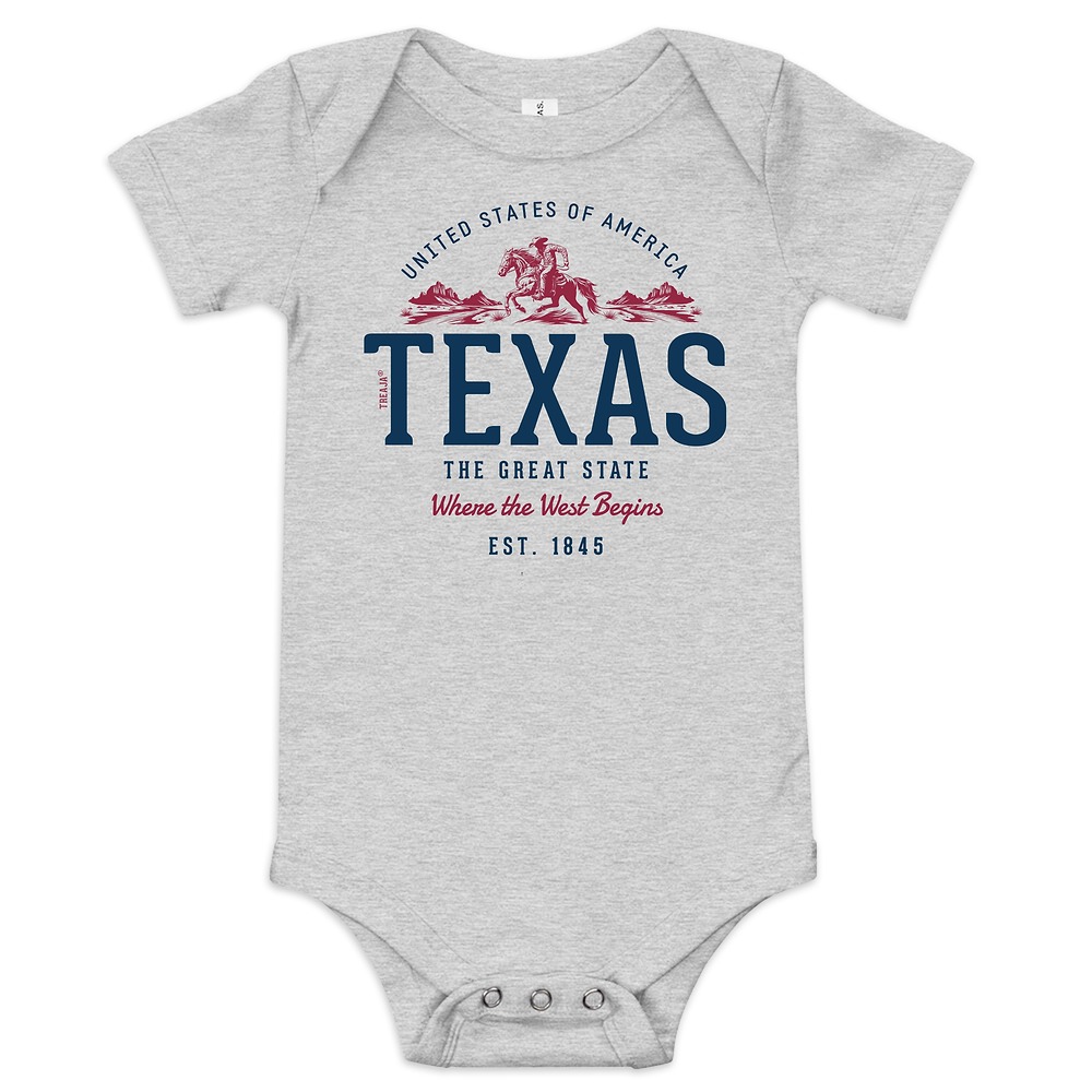 Soft cotton baby bodysuit featuring vintage-style Texas state design with retro typography and classic styling