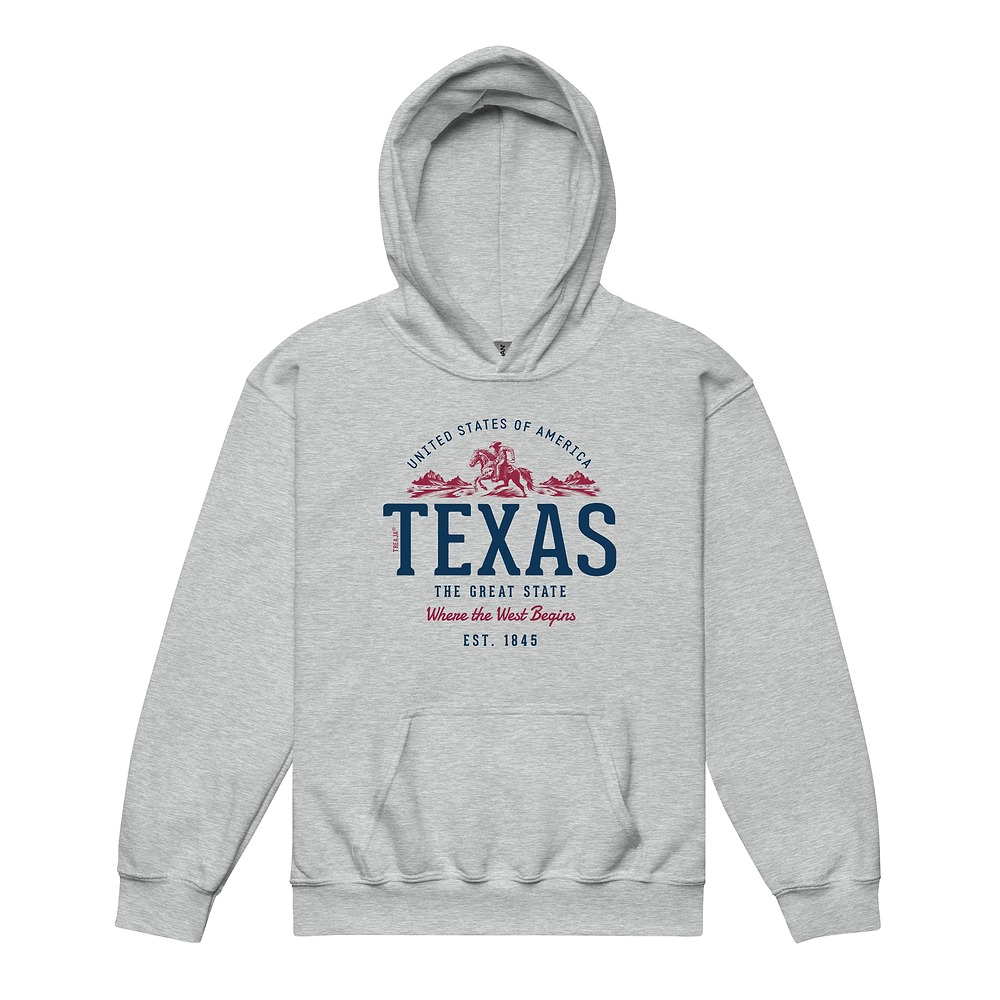 Youth hoodie featuring retro Texas State design with vintage-style graphics in classic colors