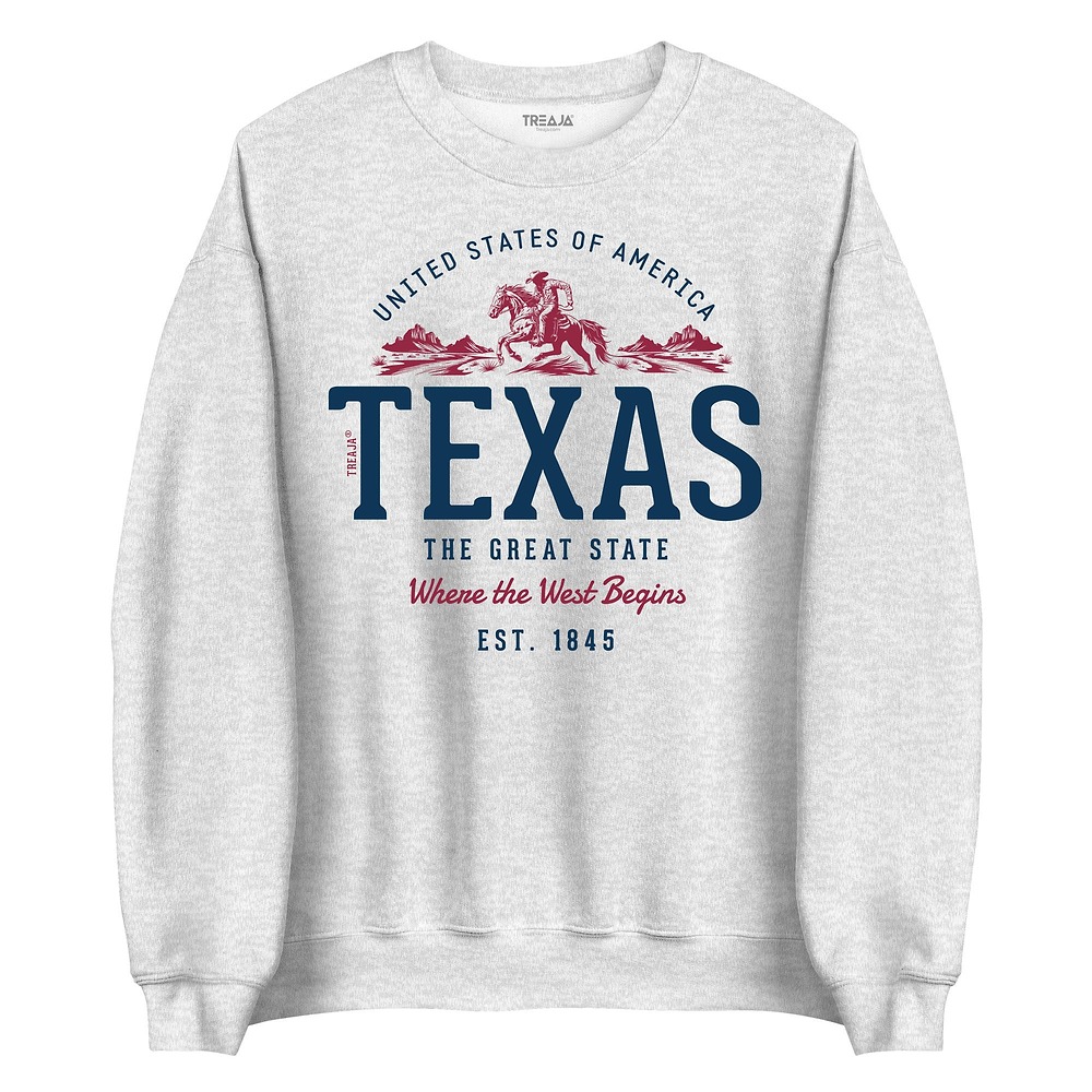 Vintage-style crew neck sweatshirt featuring retro Texas State graphic design in classic colors