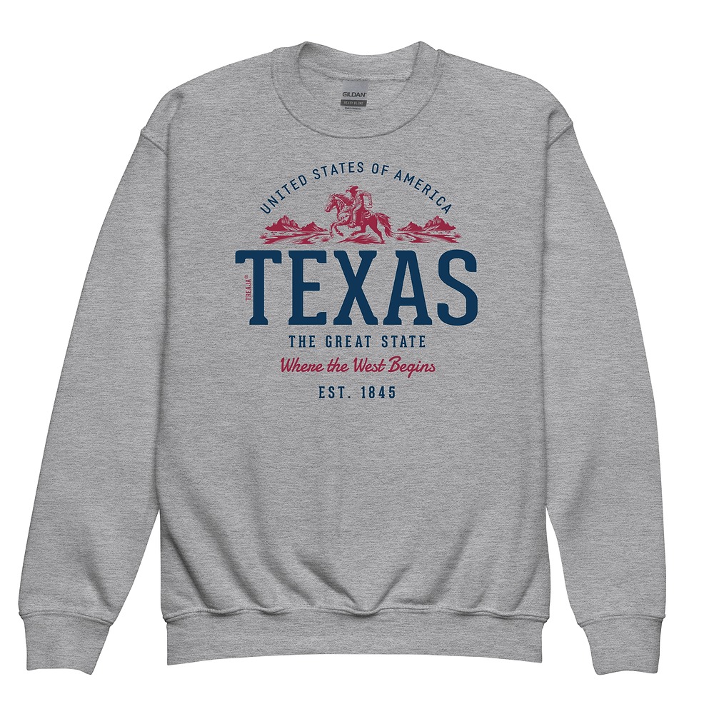 Youth crewneck sweatshirt featuring vintage-inspired Texas State retro design in classic colors