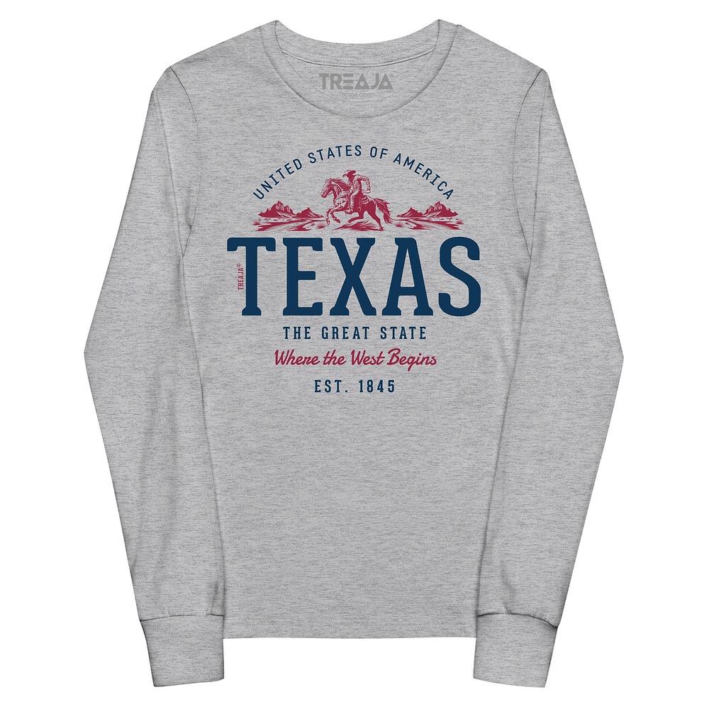 Youth long sleeve shirt featuring retro Texas State design with vintage-style typography and classic Texas elements
