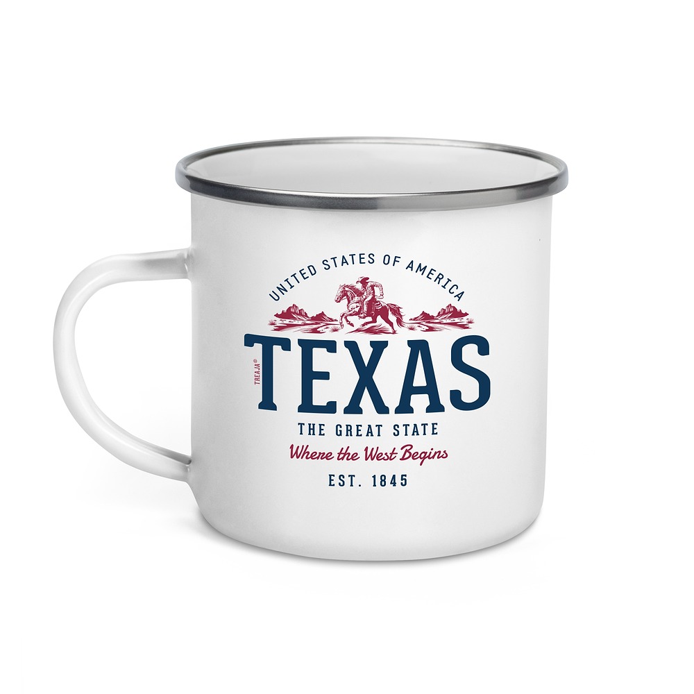 12oz enamel camper mug with vintage-style Texas State retro design featuring Lone Star State artwork
