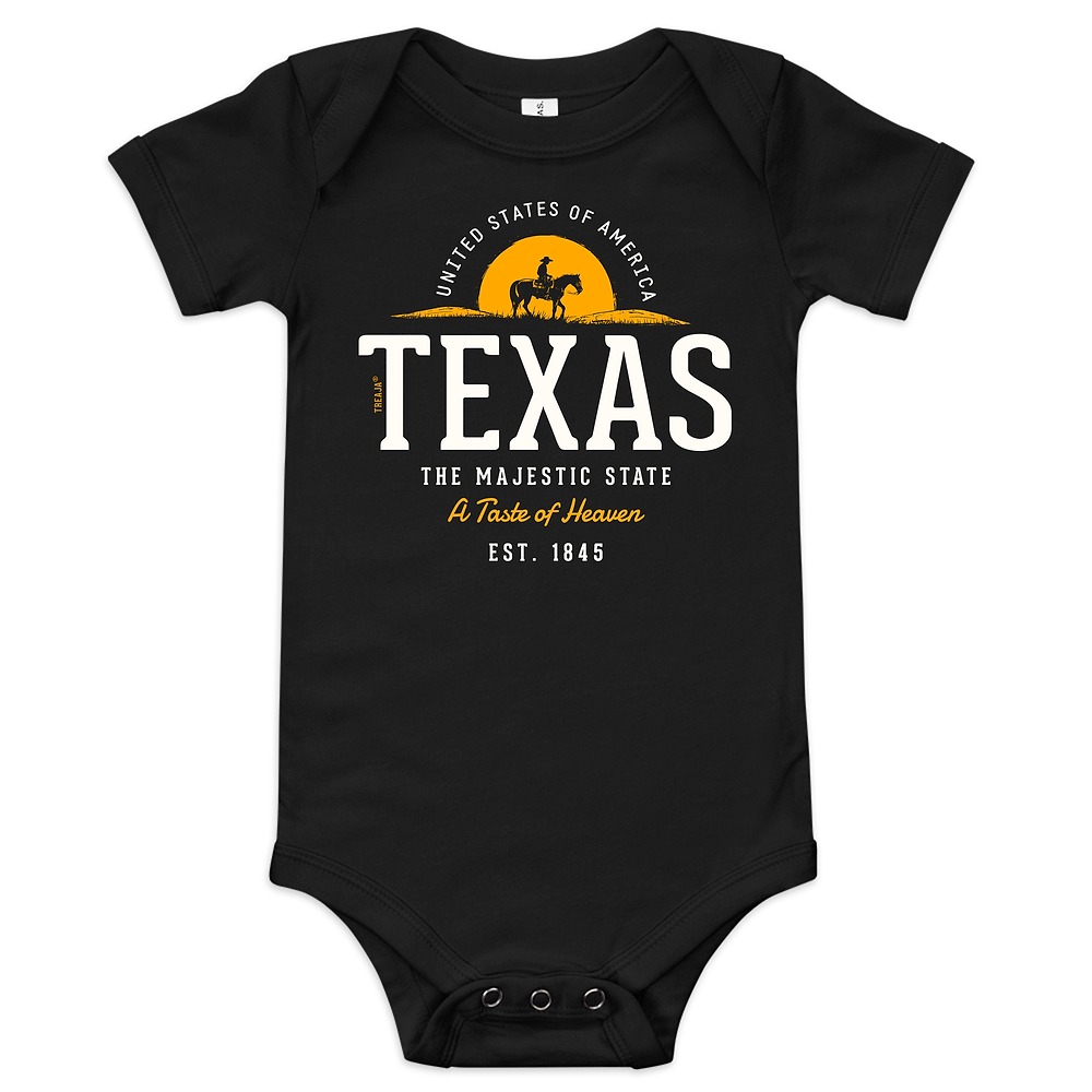 Soft cotton baby bodysuit featuring vintage-inspired Texas state design with retro styling and snap closures