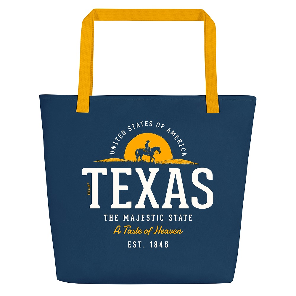 Large polyester beach tote featuring vintage-inspired State of Texas retro artwork with comfortable shoulder handles
