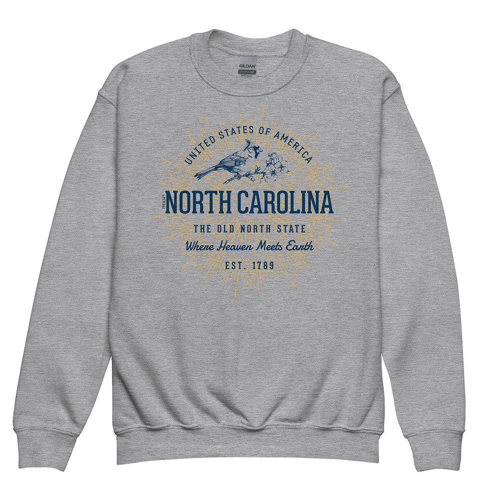 Youth crewneck sweatshirt featuring vintage-inspired North Carolina state design in retro styling