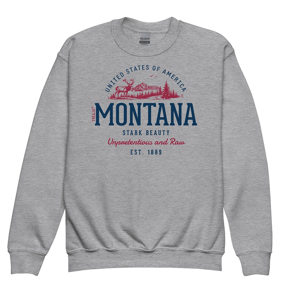 Youth crewneck sweatshirt with vintage-inspired Montana State graphic design in retro styling on soft fleece fabric