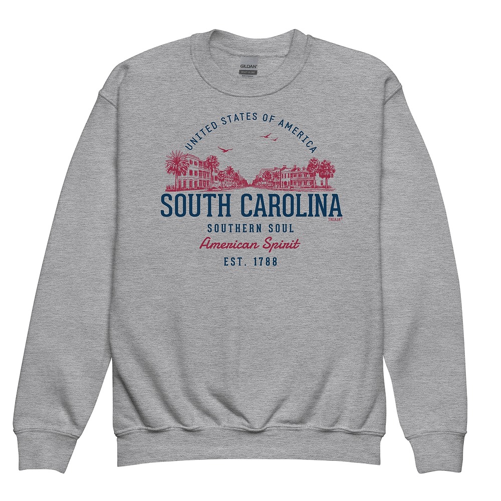 Youth crewneck sweatshirt featuring vintage-style South Carolina state design with retro typography and graphics