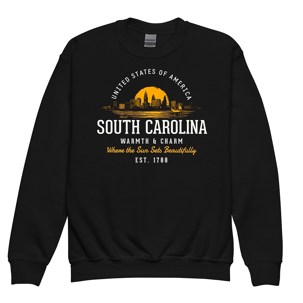 Vintage-style crewneck sweatshirt featuring retro South Carolina state graphic design in classic colors