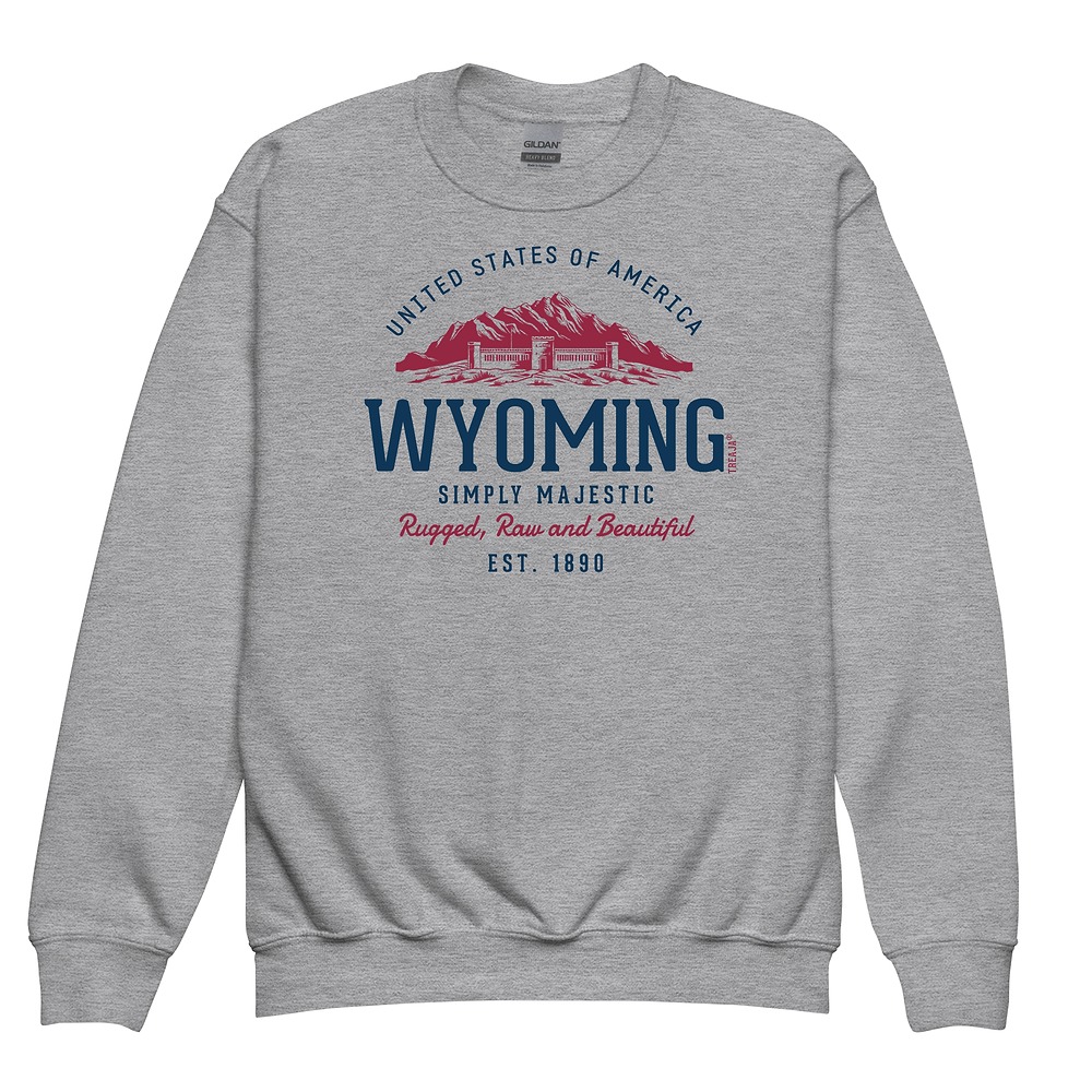 Youth crewneck sweatshirt displaying vintage-inspired Wyoming State retro design with classic ribbed cuffs and hem detailing