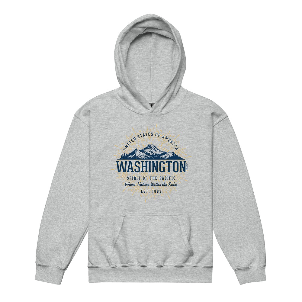 Youth hoodie featuring vintage-inspired Washington state retro design with lined hood and front pocket