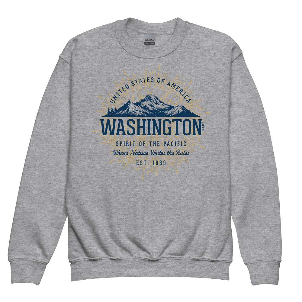 Youth crewneck sweatshirt displaying vintage-style Washington state graphic in retro colors with ribbed cuffs and hem