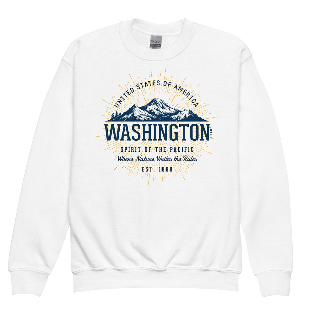 Youth crewneck sweatshirt displaying vintage-style Washington state graphic in retro colors with ribbed cuffs and hem