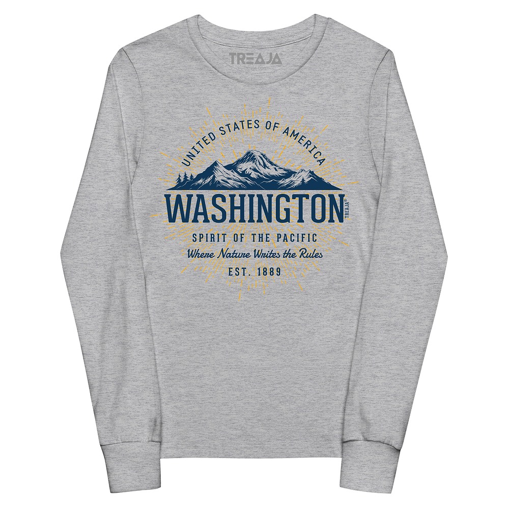 Youth long sleeve shirt displaying retro Washington state design with vintage-inspired Pacific Northwest artwork