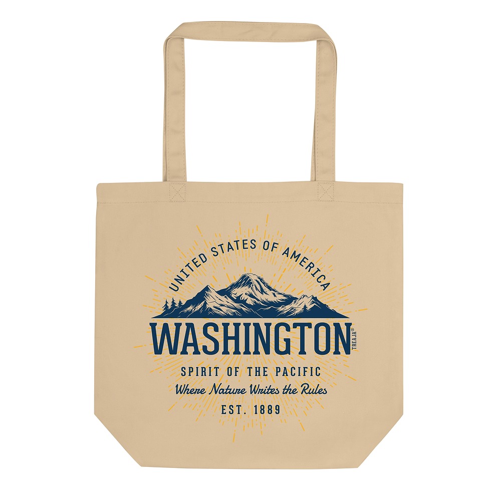 Organic cotton canvas tote bag with retro Washington state design in vintage-inspired colors
