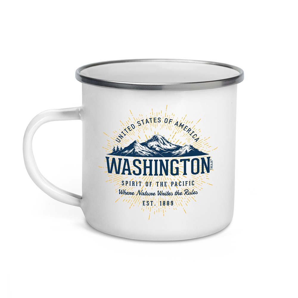 Vintage-style enamel camper mug featuring Washington state retro design with Pacific Northwest outdoor graphics