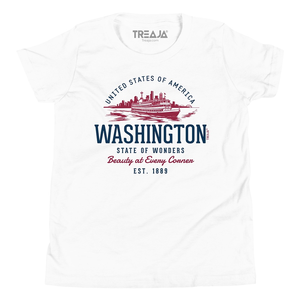 Youth unisex t-shirt displaying vintage-inspired Washington state artwork in retro color scheme