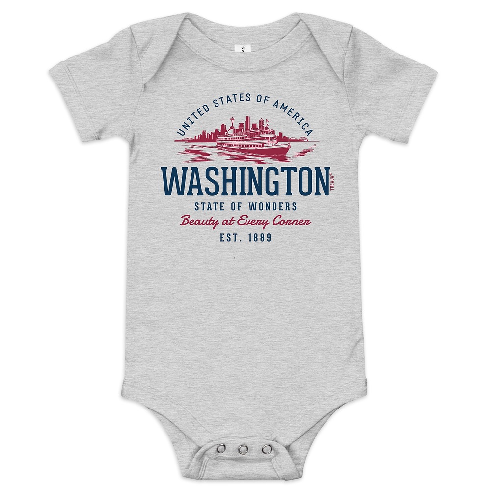 Soft cotton infant bodysuit featuring vintage-inspired Washington state retro design with snap closures
