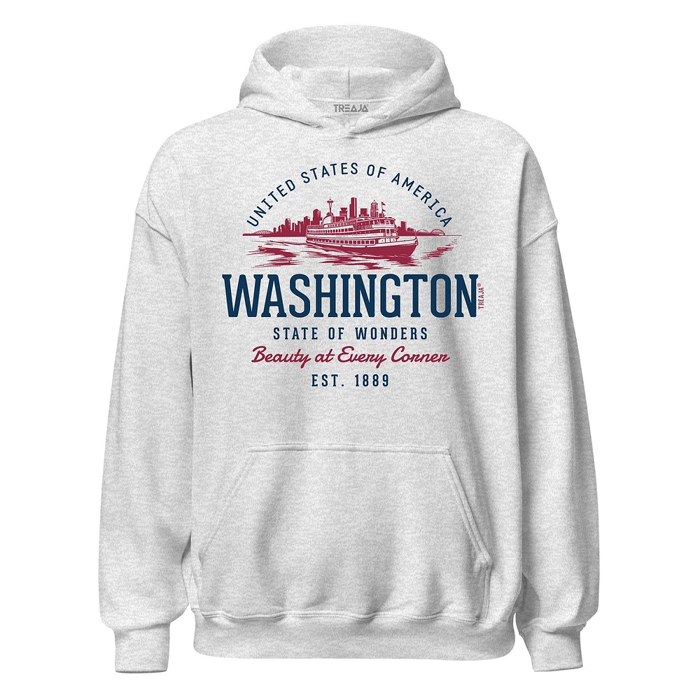 Retro Washington state design on comfortable pullover hoodie with front pocket and drawstring hood