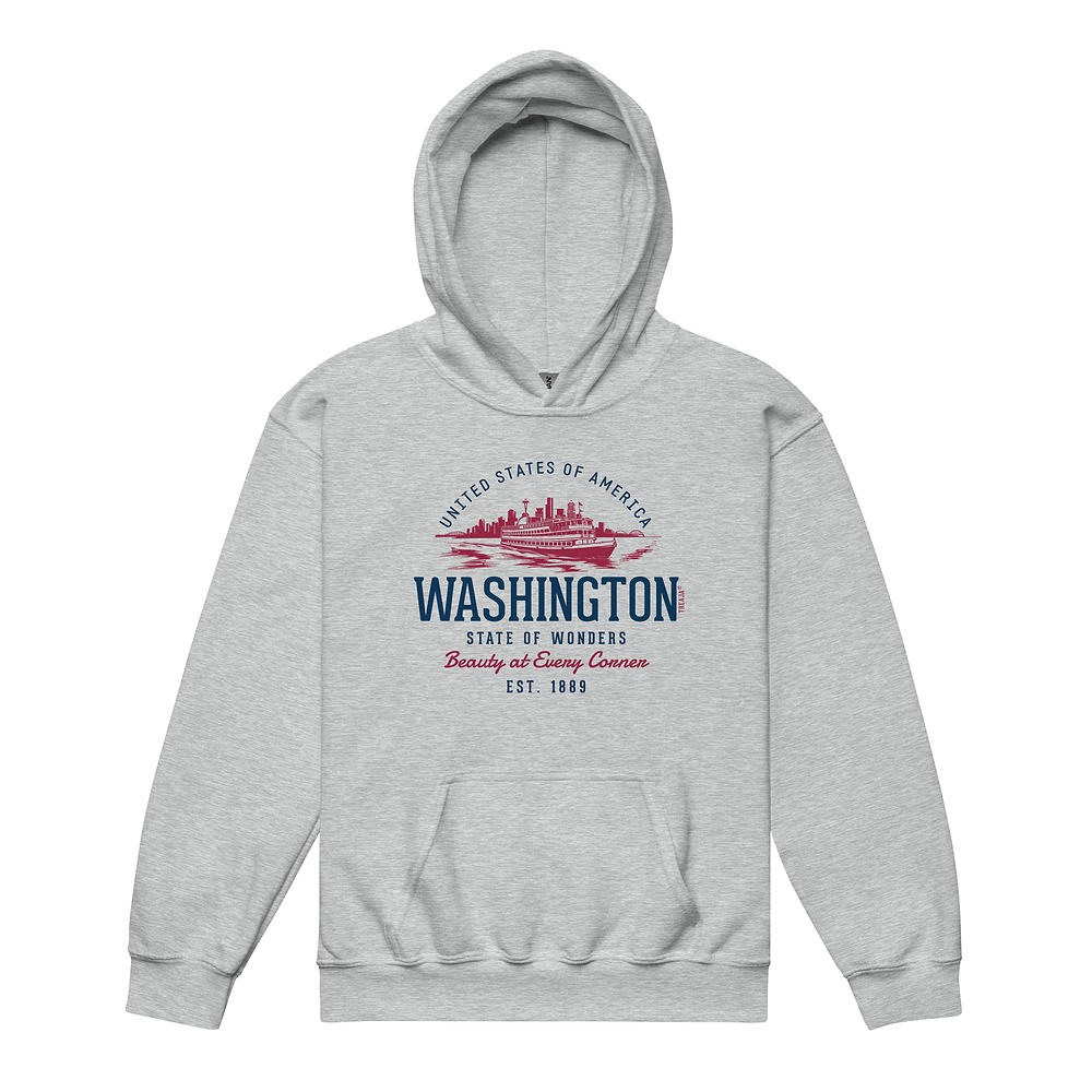 Youth pullover hoodie with vintage-inspired Washington State design featuring retro typography and Pacific Northwest elements