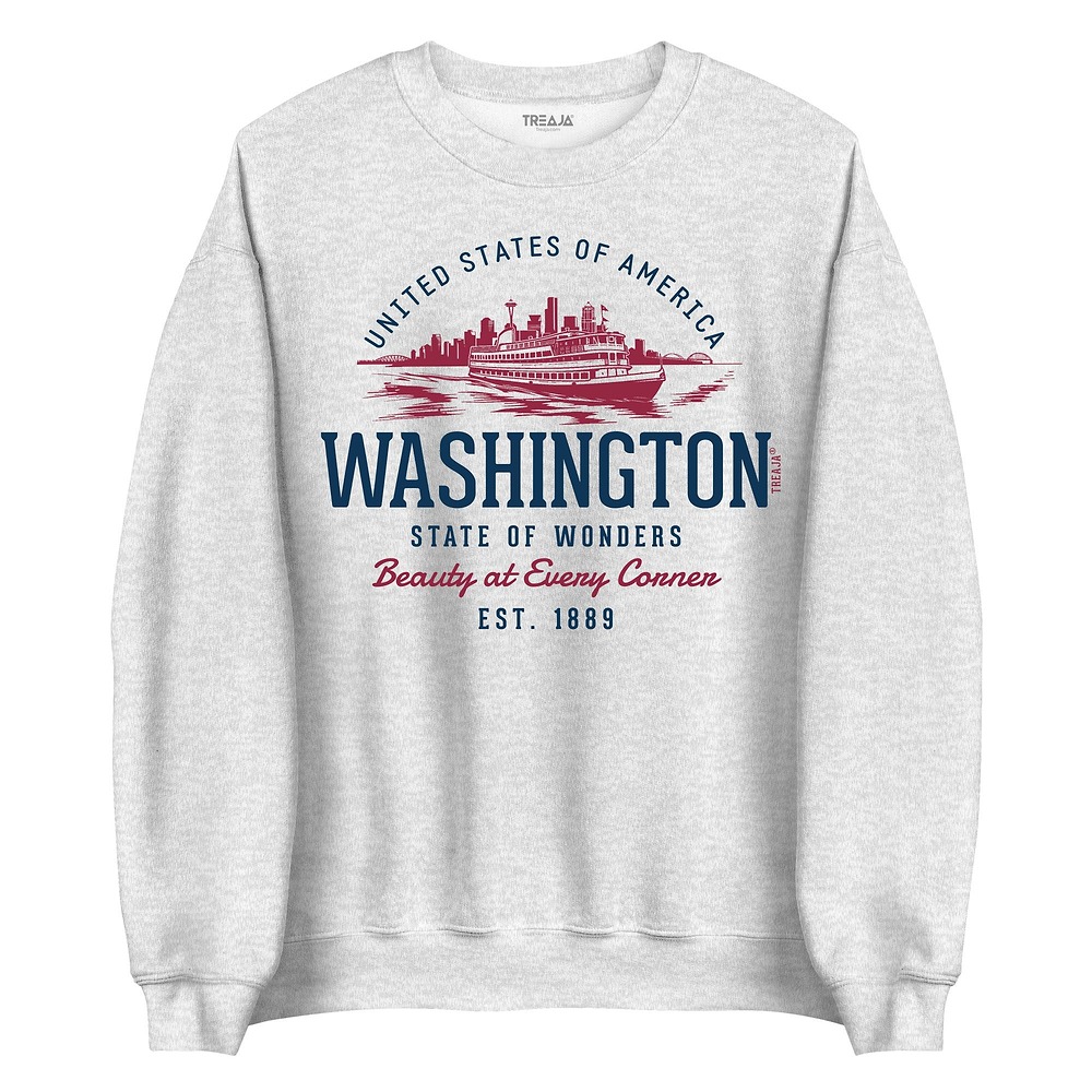 Vintage-inspired Washington state crew neck sweatshirt with retro graphics displayed on neutral background