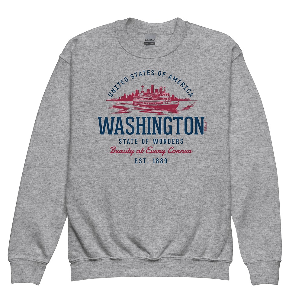 Youth crewneck sweatshirt featuring vintage-style Washington state design in retro typography and colors