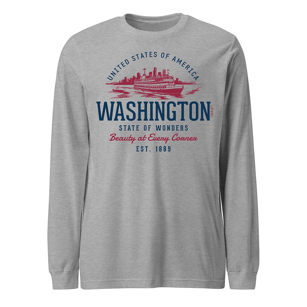 Vintage-style Washington state long sleeve shirt with retro Pacific Northwest design in classic colors