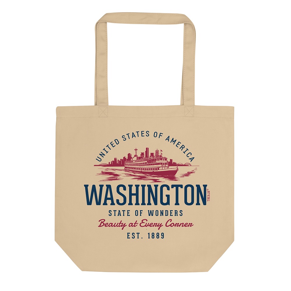 Organic cotton tote bag featuring retro Washington state design with vintage-inspired typography and Pacific Northwest imagery