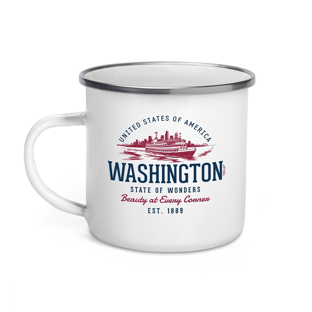 Vintage-style enamel camping mug featuring retro Washington state design with Pacific Northwest mountain scenery