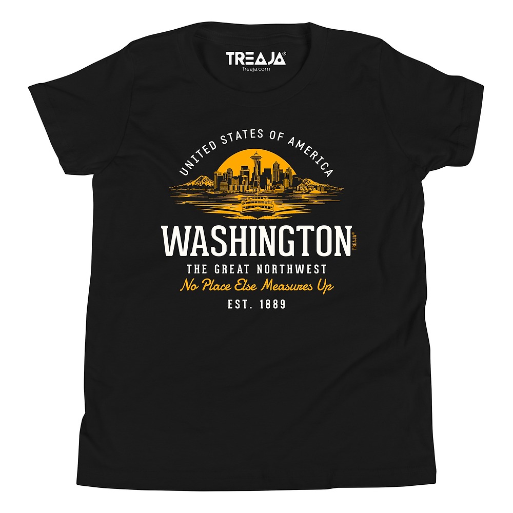 Youth t-shirt displaying vintage-inspired Washington state retro artwork in vibrant colors on soft cotton fabric